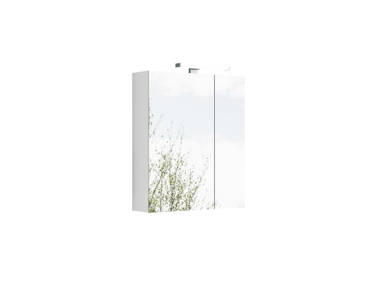  Meuble miroir salle de bain mural 60cm blanc led, prise fr, portes asymétriques, préassemblé  - Conforama D