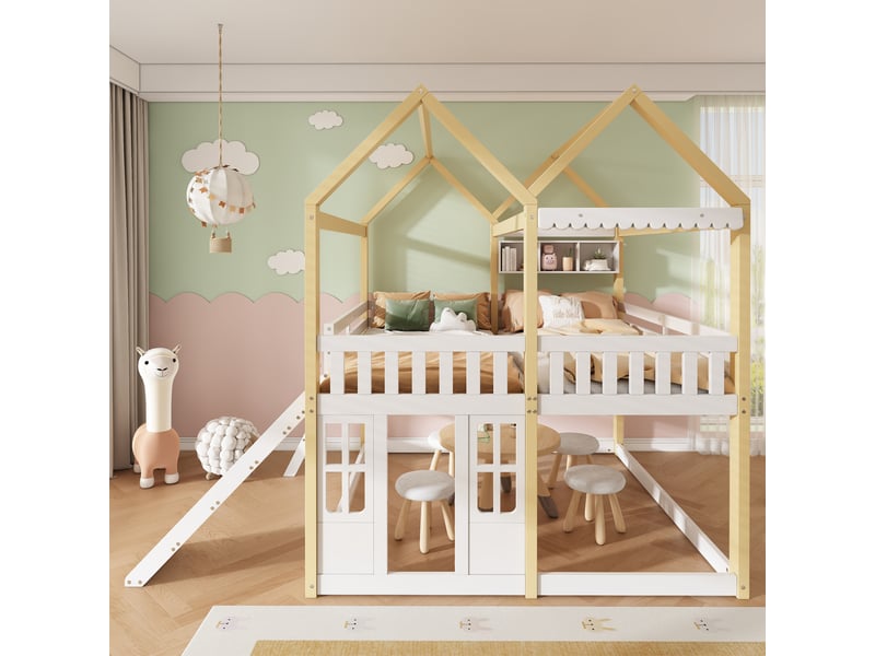  Lit mezzanine enfant 90 x 200 cm avec toboggan, échelle et structure maison blanc bois  - Conforama E