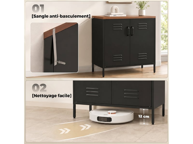  Buffet salon métallique, meuble de rangement industriel avec 2 portes et étagère réglable, noir, 80 x 40 x 80 cm  - Conforama W