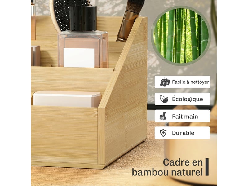  Boite de rangement de bureau - organiseur de bureau - 7 compartiments, bambou, 2 tiroirs - bambou verni  - Conforama E