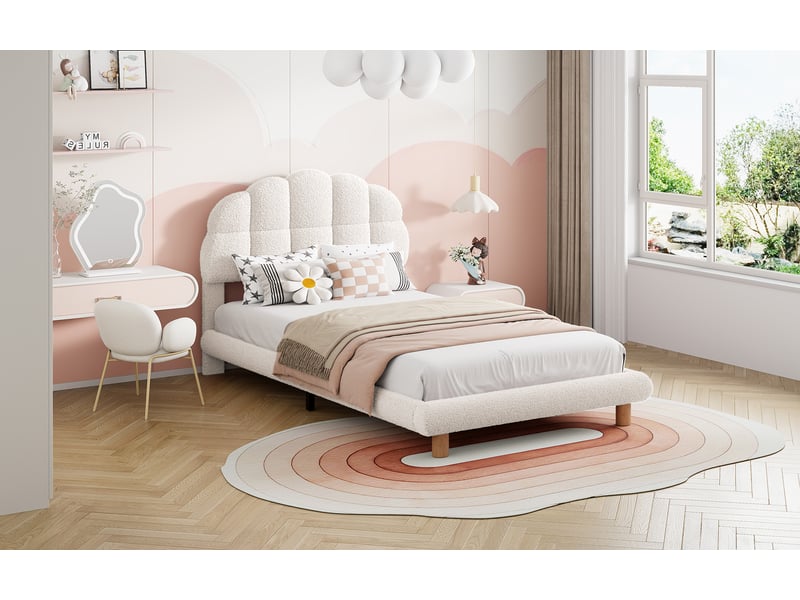 Lit simple rembourré avec sommier à lattes, 90x200cm lit d'enfan avec tête de lit, cadre de lit plateforme, lit simple rembourré 90x200cm,lit enfant 90x200 en tissu peluche avec sommier à lattes,tête de lit réglable en hauteur,b… - Conforama W