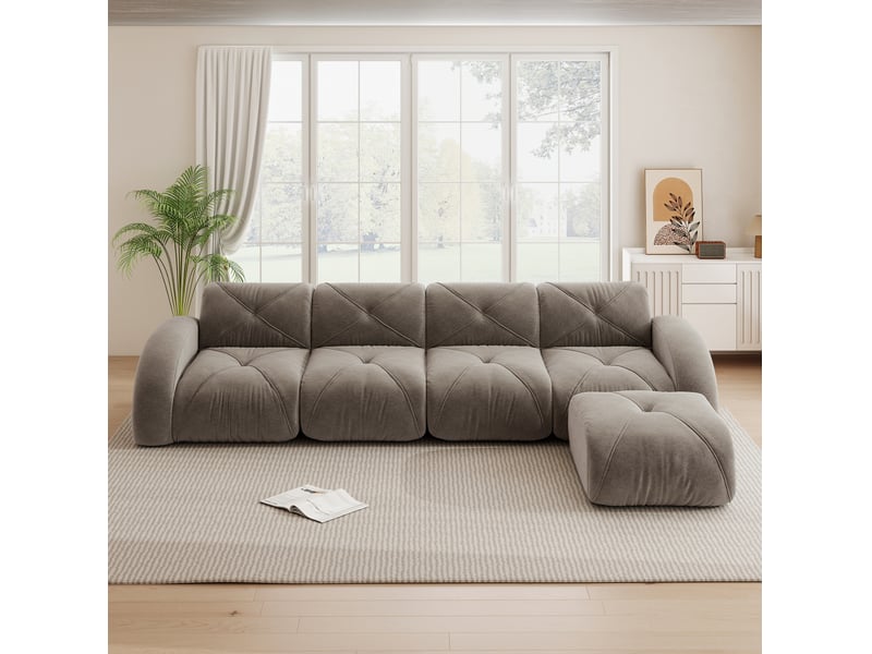 Canapé d’angle modulable 4 places avec repose-pieds en chenille taupe - Conforama D