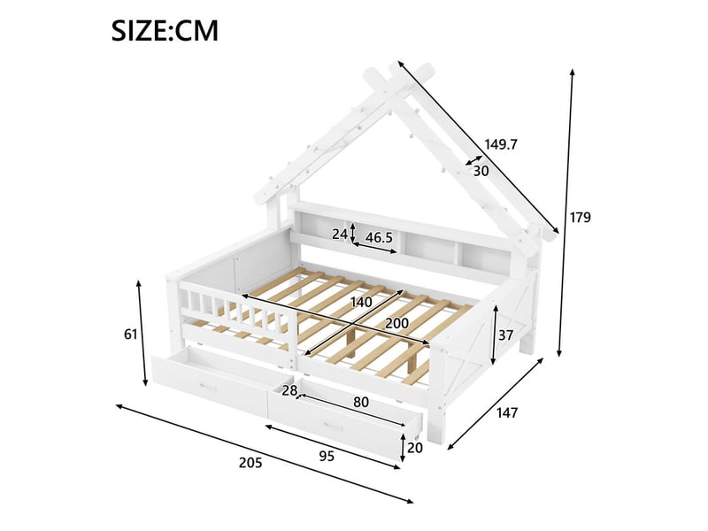 Lit cabane,140 x 200 cm,avec éclairage led, compartiments de rangement, tiroirs,blanc - Conforama C