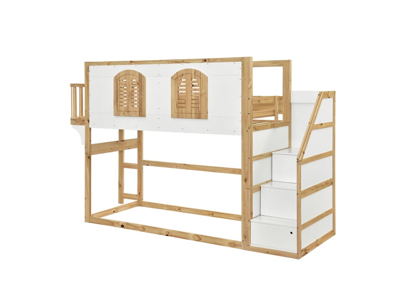 Lit mezzanine 90x200 cm avec escalier rangement et garde-corps, bois blanc et naturel - Conforama D