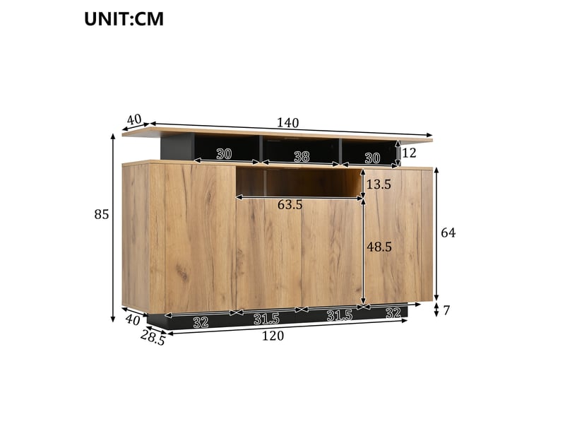  Buffet et enfilade avec 4 portes et 3 niches ouvertes pour salon ou entrée en panneaux de particules, 140×40×85 cm  - Conforama D
