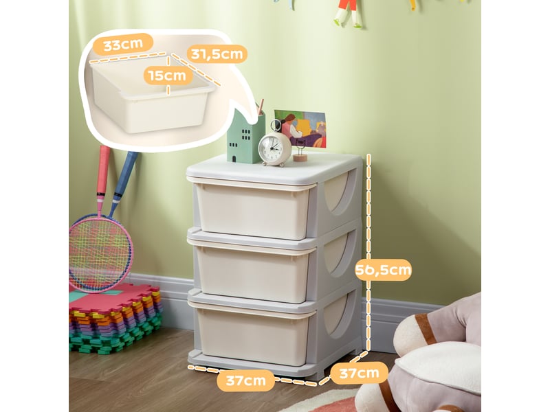  Organiseur de tiroir en plastique pour enfants, 3 tiroirs avec poignées, pour jouets, vêtements, livres, 37 x 37 x 56,5 cm, beige  - Conforama D