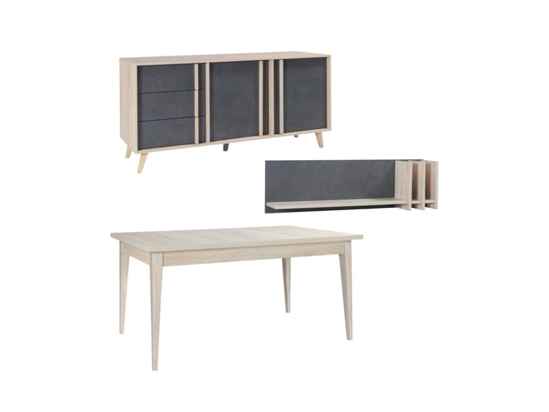 Salle à manger complète malmo avec table extensible 180-220 cm, buffet 165 cm et étagère murale – chêne clair et gris - Conforama A