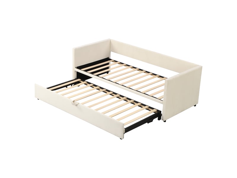 Lit capitonné banquette 90 x 200 cm ,extensible,avec sommier à lattes, velours doux pour la peau, beige - Conforama E