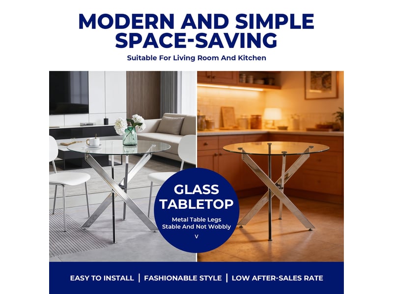 Table de salle à manger ronde avec plateau en verre, pieds croisés en métal et style moderne, argent - Conforama C
