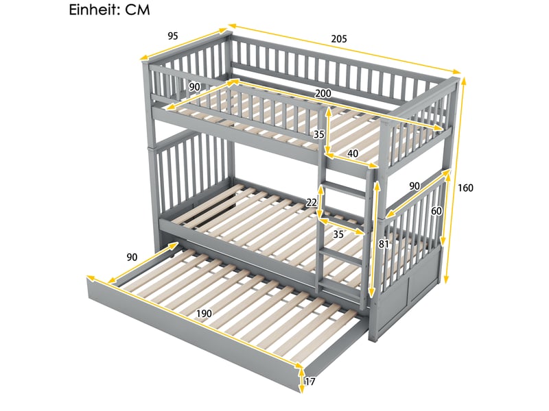 Lit superposé 90x200 cm avec lit gigogne en bois gris  - Conforama E