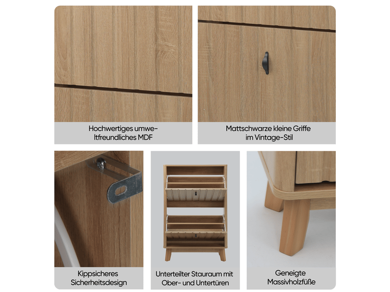  Meuble à chaussures 60x24x94 cm, 2 abattants, anti-poussière, façades  rainures verticales, mdf, chêne  - Conforama E