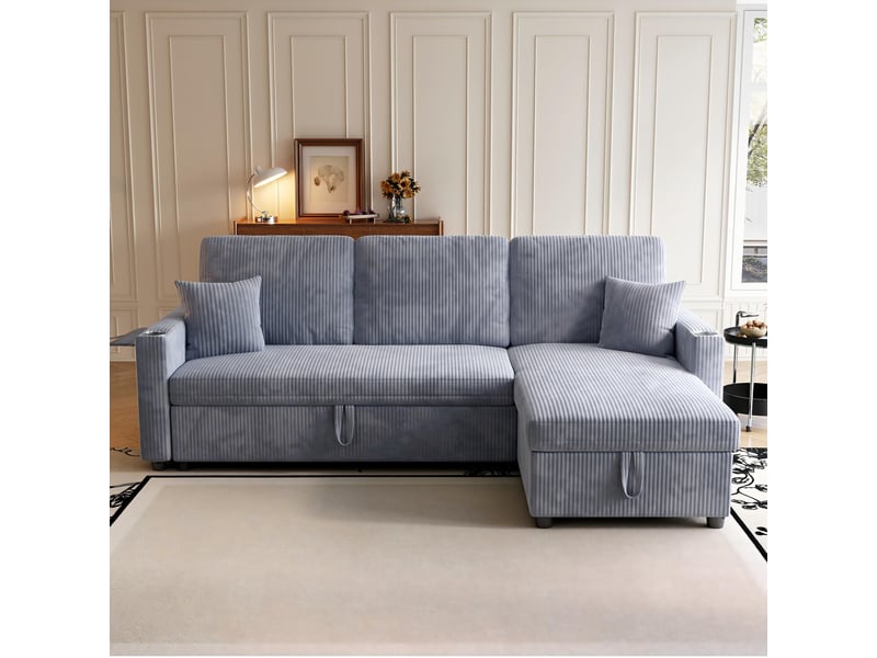  Canapé d'angle l 207.5x142x84.5 cm - 3 places - convertible - rangement - modulaire - méridienne - tissu côtelé - gris CozyNest - Conforama E