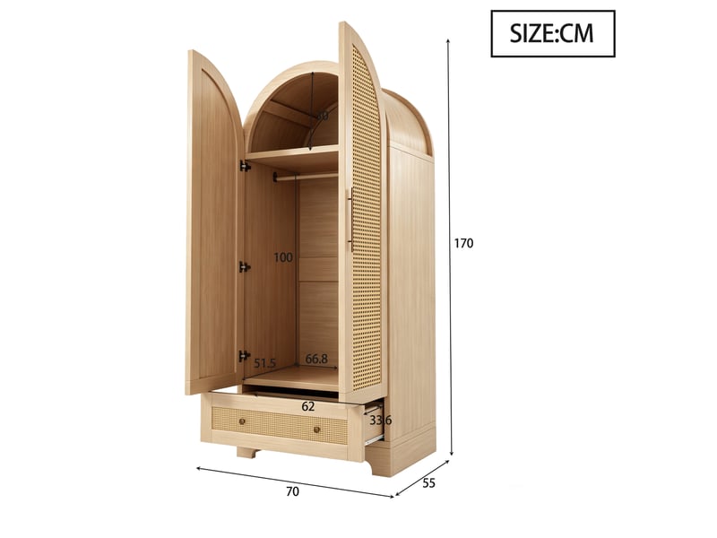  Armoire de chambre 2 portes en rotin 70 x 55 x 170 cm avec tiroir et étagères, design incurvé, meuble de rangement, naturel Sol Morn - Conforama C