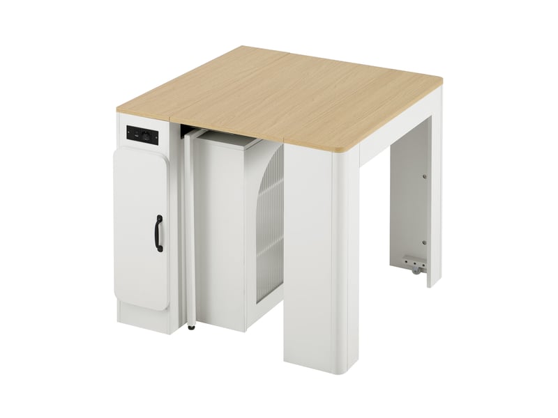  Îlot de cuisine extensible à roulettes avec prises usb et type-c, blanc naturel  - Conforama A