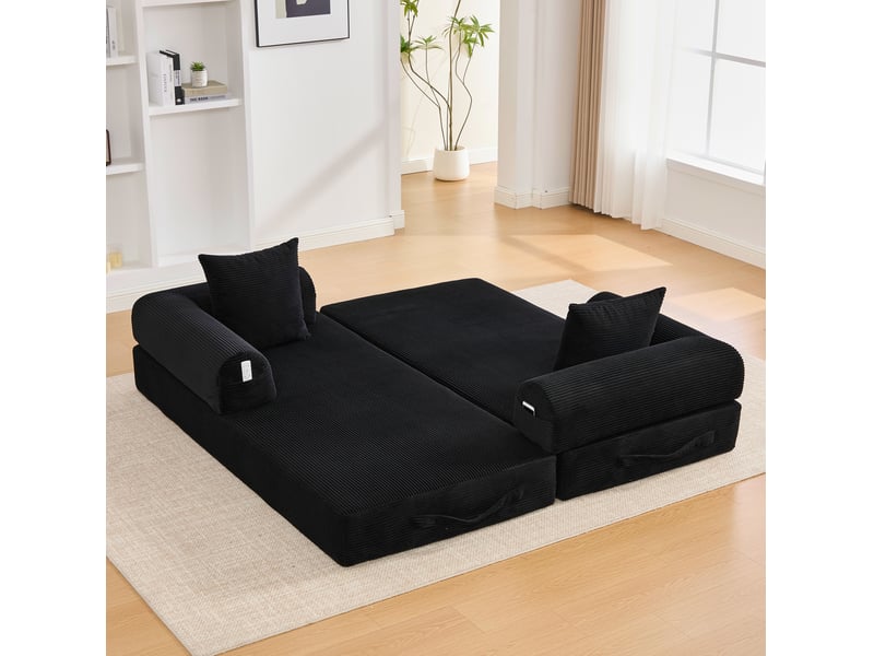  Canapé droit modulable 3 places en velours côtelé noir avec 3 coussins et poche latérale pour le salon  - Conforama E