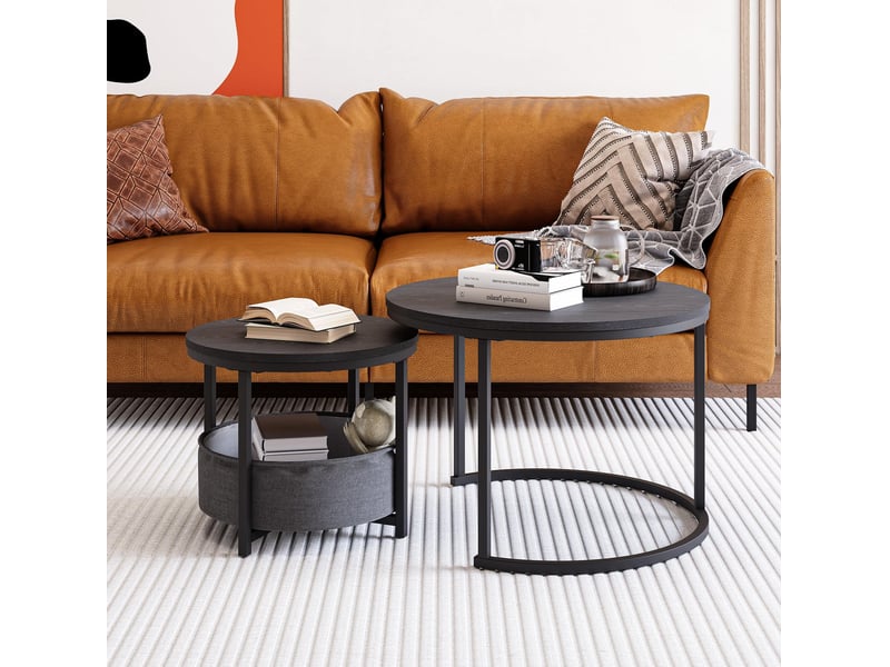  Tables basses gigognes rondes avec sac de rangement, plateau résistant à l’eau et aux rayures, métal noir antique  - Conforama A