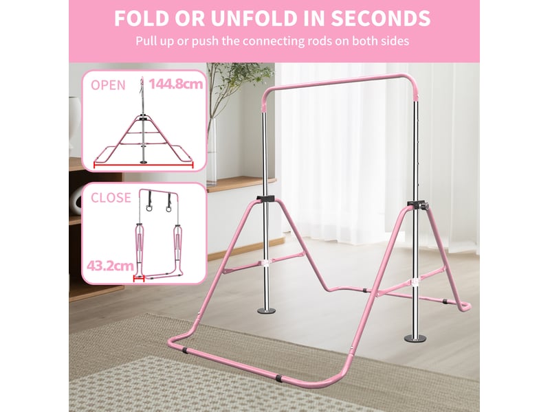  Barre de gymnastique enfant pliable 145 x 100 x 130 cm rose en fer, réglable sur 5 hauteurs avec anneaux  - Conforama E