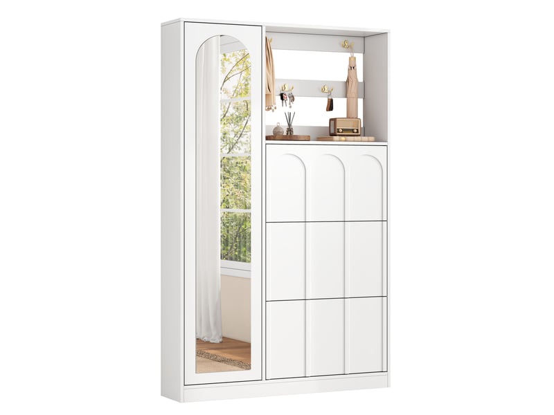  Meuble d'entrée 100x24x164 cm avec miroir, 3 abattants à chaussures, mdf rangements et crochets en zinc, sans poignées - blanc  - Conforama A