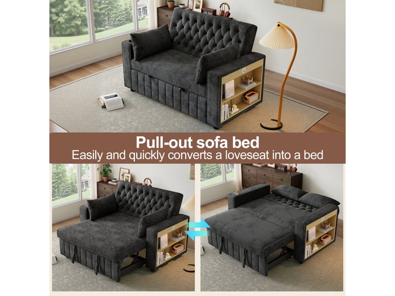 Canapé 2 places convertible 140 cm avec dossier réglable 3 positions, usb, porte-gobelet, étagère, poche et 2 coussins, chenille gris Radiant Stride - Conforama D
