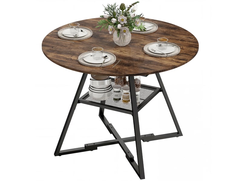  Table à manger ronde pour 4 personnes, 100 cm, style industriel, avec étagère, plateau aspect bois, marron rustique  - Conforama A