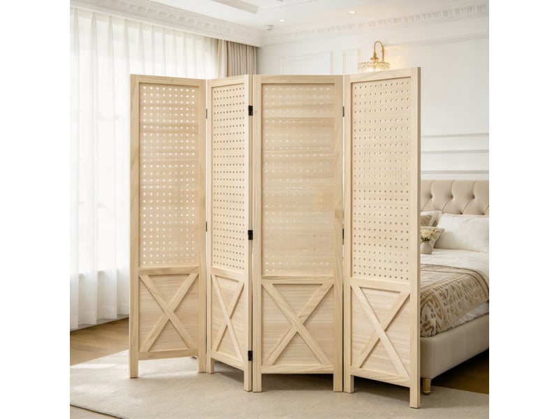  Paravent intérieur pliable 4 panneaux en bois, séparateur de pièce avec panneaux perforés, cloison décorative naturelle  - Conforama B