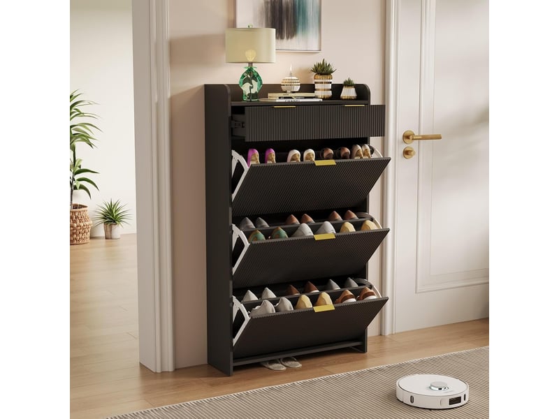  Meuble à chaussures noir avec 3 portes abattantes et 2 tiroirs, panneau ondulé, 77 x 24 x 133 cm  - Conforama C