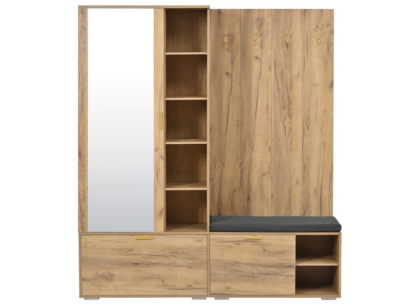  Vestiaire mural, portes pliantes, tringle extensible, miroir et banc à chaussures, 4 crochets, 125×36×190 cm, couleur bois N657P50643567N - Conforama A