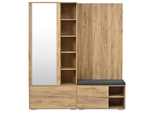 Vestiaire mural, portes pliantes, tringle extensible, miroir et banc à chaussures, 4 crochets, 125×36×190 cm, couleur bois