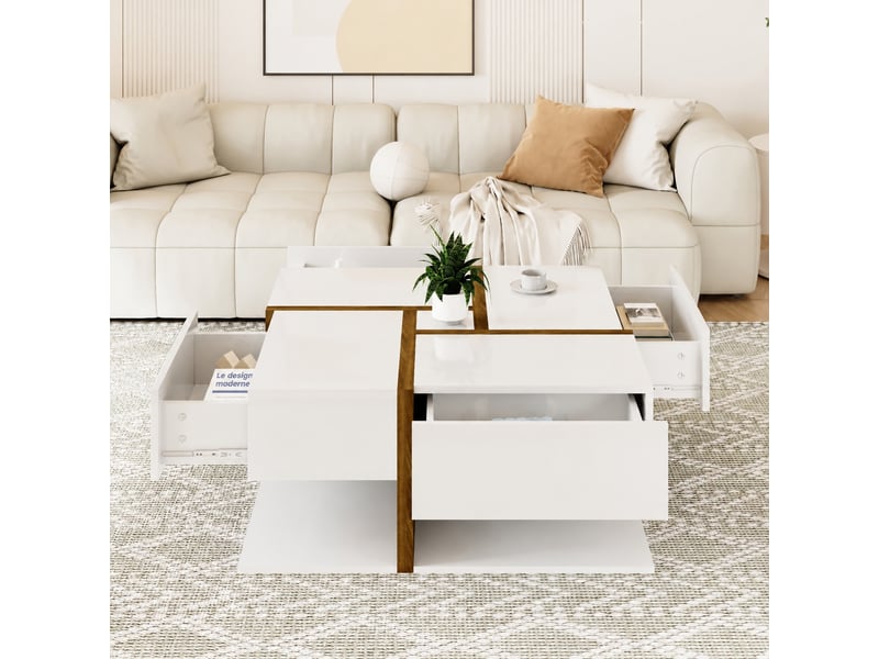  Table basse carrée blanche brillante et effet bois avec 4 tiroirs, 78 x 78 x 34,8 cm  - Conforama D