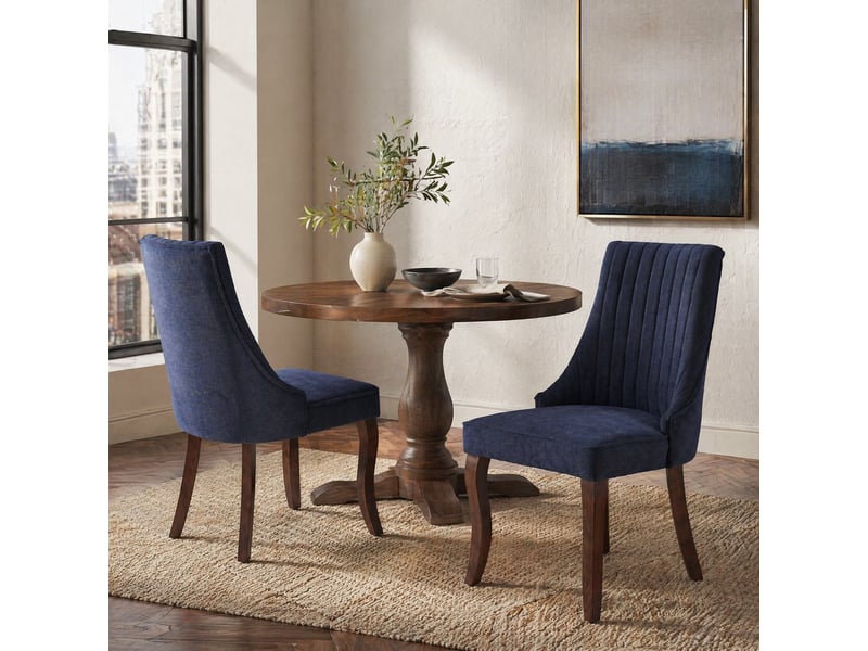 Lot de 2 chaises de salle à manger en chenille bleu avec pieds en bois d'hévéa - Conforama C