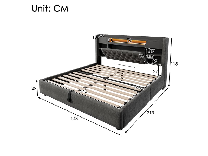 Lit coffre 140x190 cm, lit double, rangement hydraulique, étagères, led, lin gris, usb et usb-c  - Conforama C