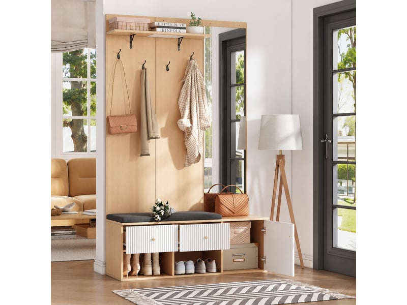  Vestiaire d’entrée avec miroir et banc, rangement mdf 120 x 40 x 200 cm, blanc et chêne  - Conforama E