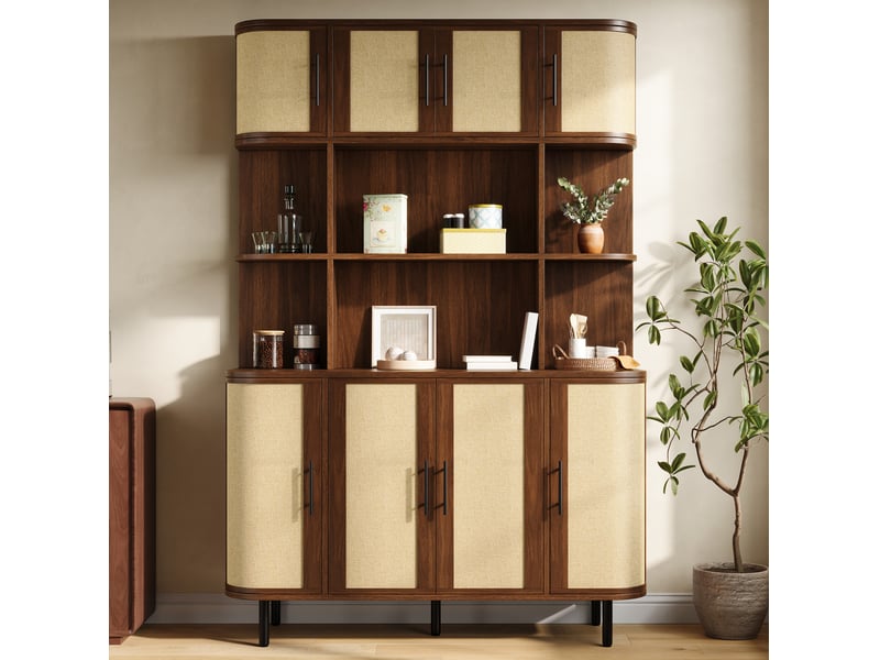  Buffet haut ulevr 8 portes avec rangement, 120 x 40 x 180 cm, mdf noyer, façades tressées, poignées noires et pieds en fer  - Conforama E
