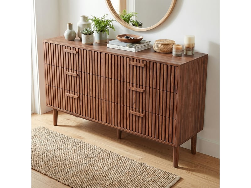  Commode 100, 6 tiroirs, buffet 100, commode chambre, design à lattes verticales, meuble de rangement, couleur noyer  - Conforama B