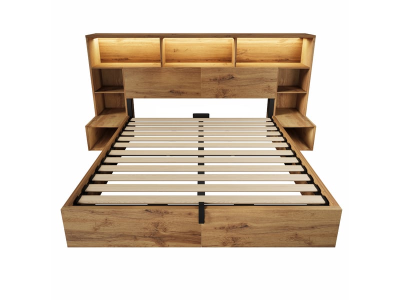 Lit coffre 160 × 200 cm led et usb-c aspect chêne avec chevets et niches IKSETERA TRADING LTD - Conforama W