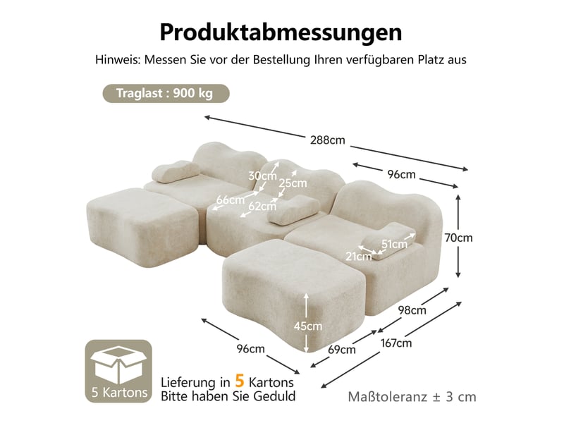  Canapé modulable 3 places en u avec 2 ottomans en velours beige  - Conforama E