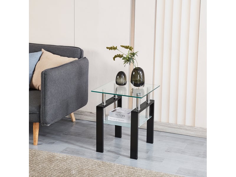  Lot de 2 tables d'appoint carrées 45 x 45 x 52 cm – transparent et noir – double plateau en verre trempé  - Conforama D