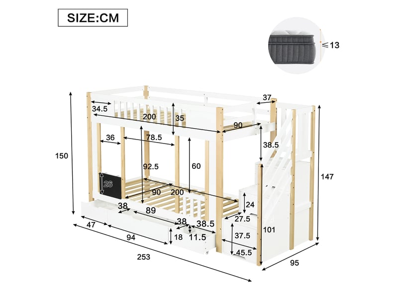  Lit superposé enfant 90x200 cm avec rangement, 3 tiroirs et tableau, bois et mdf blanc et naturel  - Conforama C