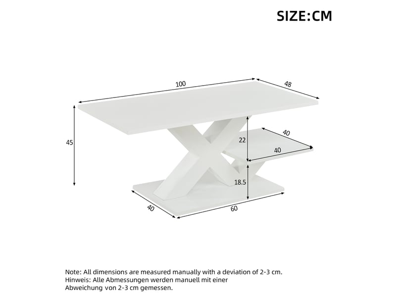  Table basse rectangulaire 100 x 48 x 45 cm en mdf blanc brillant à 2 plateaux  - Conforama C