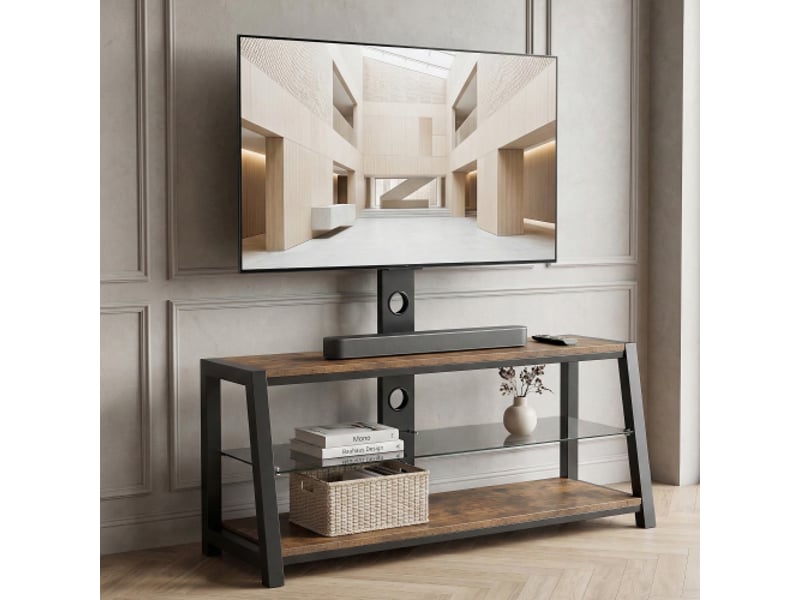 Meuble tv en bois avec verre trempé noir, socle réglable et pivotant, fixation murale brun h125 x b116 x t42 cm - Conforama D