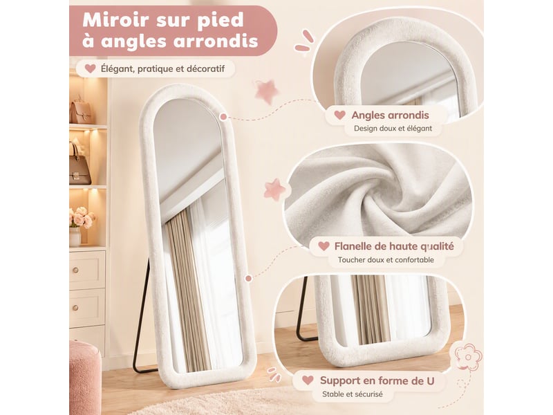  Miroir pleine longueur 160x50 cm, dressing rectangle arqué, pour chambre et salon, cadre en velours style romantique, avec pied u, blanc  - Conforama D