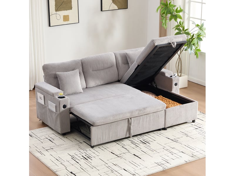  Canapé 3 places 212,5x136x86cm avec rangement, porte-verres et ports usb-c, confort et doux, velours côtelé gris clair  - Conforama B