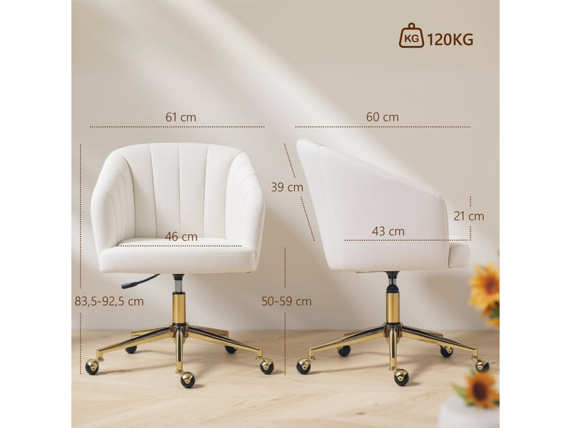 Chaise de bureau aubes velours réglable à roulettes blanc crème - Conforama D