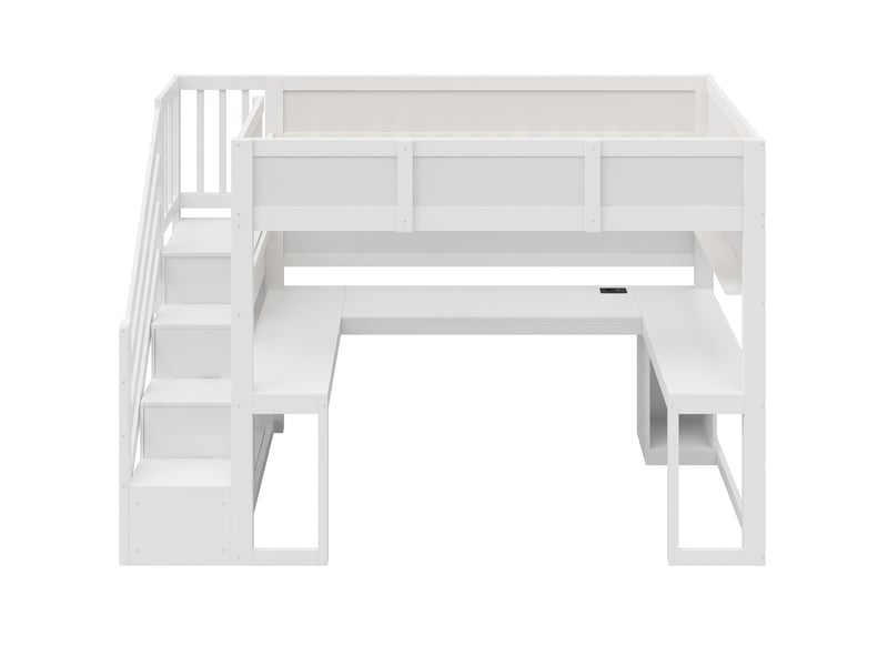  Lit mezzanine gaming, 90 x 200 cm, avec bureau, escalier avec rangements, éclairage led et port usb, blanc  - Conforama A
