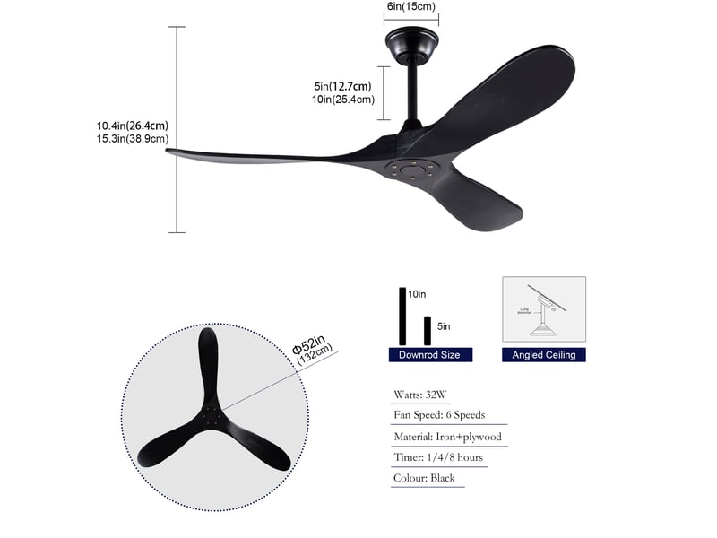  Ventilateur de plafond 132 cm noir, 3 pales en bois, moteur réversible 6 vitesses avec télécommande incluse  - Conforama C