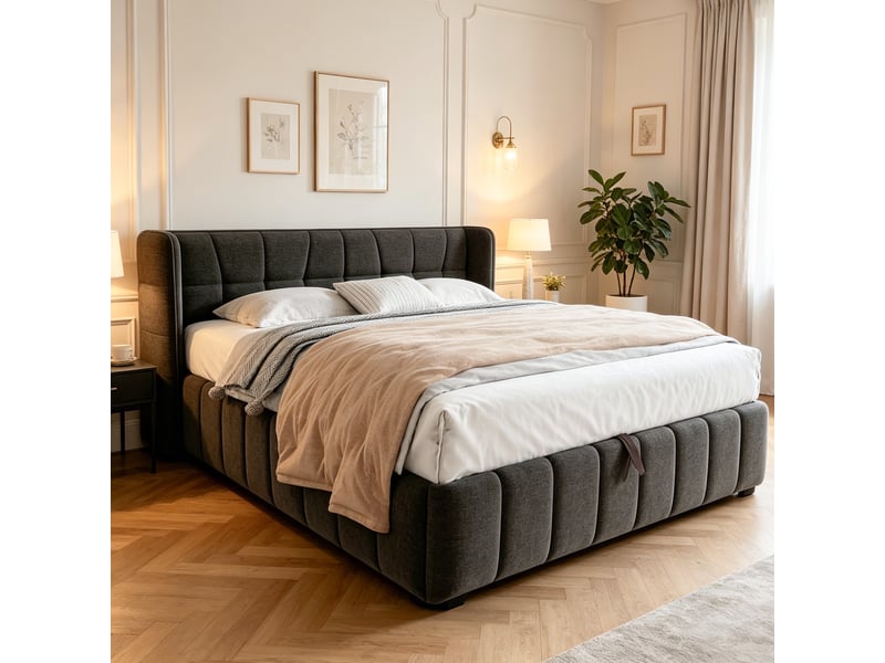  Lit coffre 180 x 200 cm avec sommier à lattes, cadre rembourré gris et métal  - Conforama E