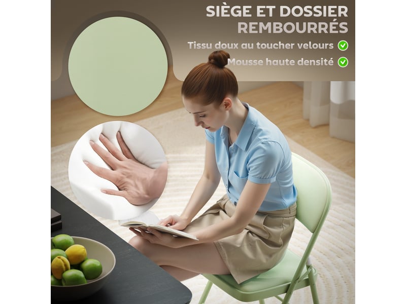  Lot de 4 chaises pliantes et portables intérieur avec assises et dossiers rembourrés en velours, vert, cadre en acier  - Conforama E