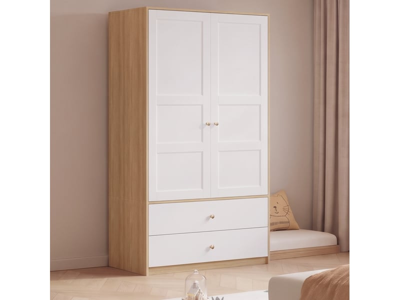 Armoire double porte avec 2 tiroirs et tringle pour chambre et bureau, en mdf, blanc et effet bois, 100 × 48 × 180 cm - Conforama B