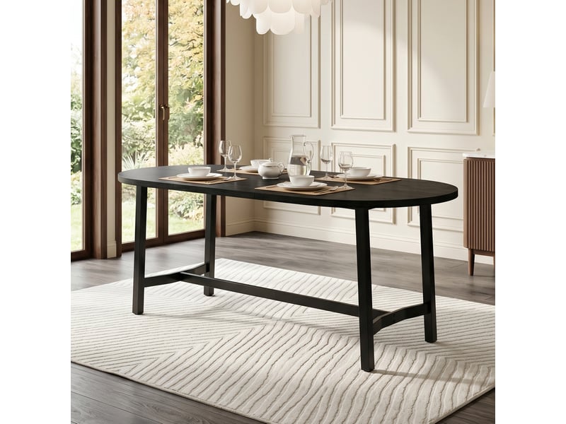  Table à manger 180x80x75 cm, style organique, bords arrondis, matériau mdf avec cadre métal, finition noire, pour 6 à 8 personnes  - Conforama D