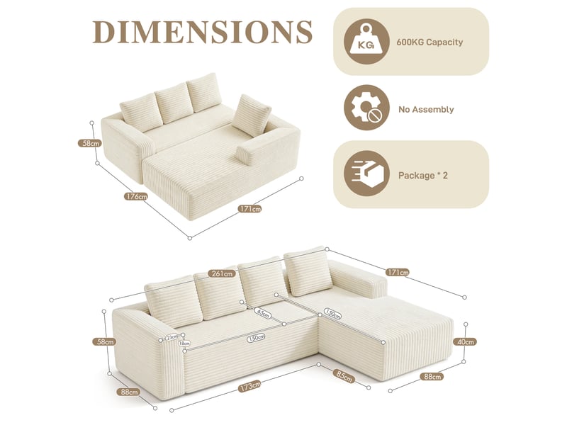  Canapé d'angle modulaire 4 places avec méridienne réversible, assise profonde en velours côtelé beige  - Conforama C